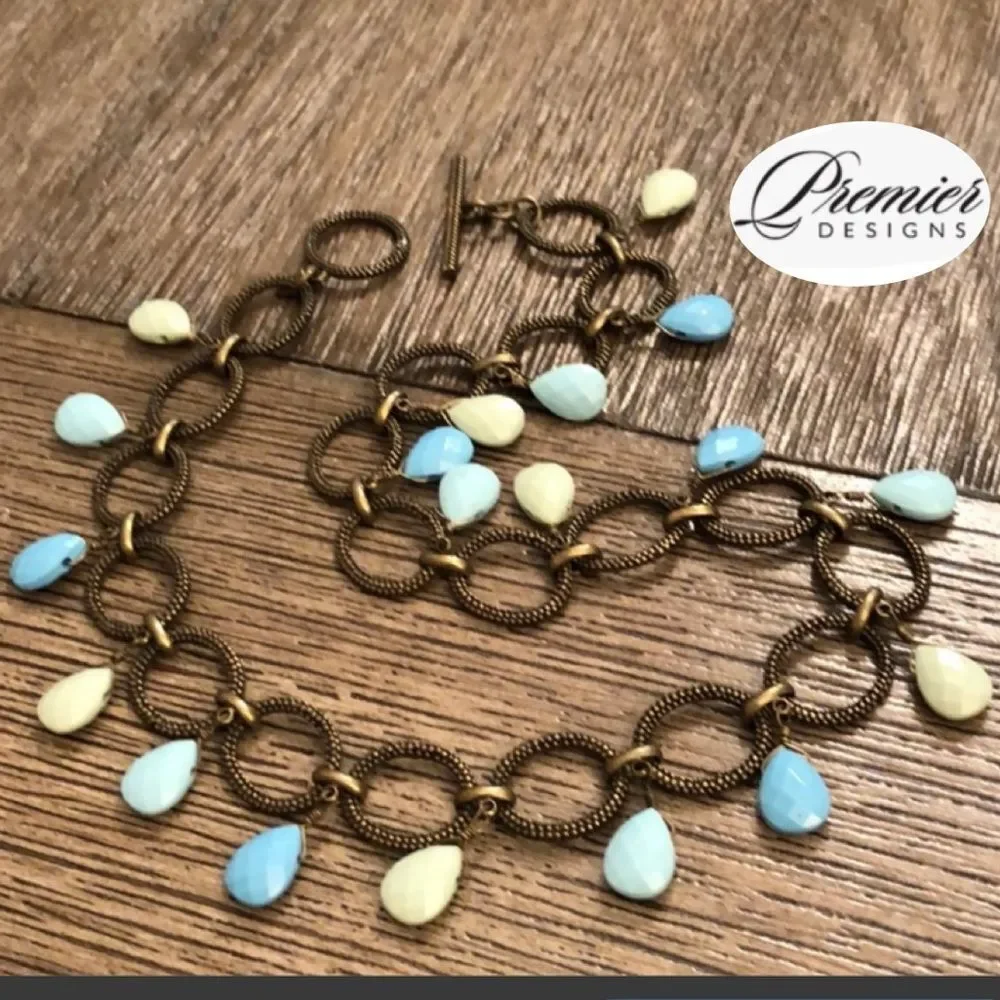 Premier Designs Caribbean Antique Goldtone - Bronze Chain Necklace Blue Beads
